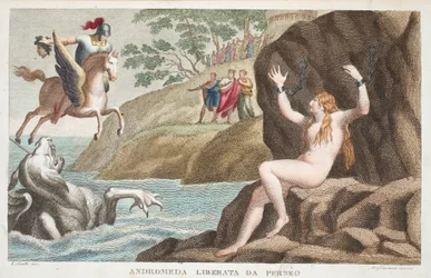 Perseus a Andromeda nebo Andromeda Liberata da Perseo, kniha IV, ilustrace z Ovidiových metamorfóz, Florencie, 1832 (ručně kolorovaná rytina)